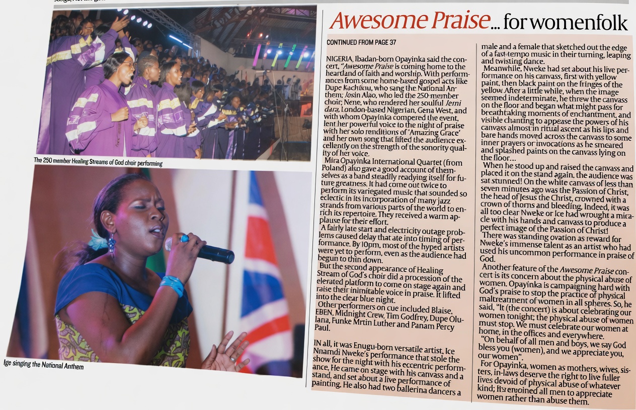 Nigerian newspaper continuation — Awesome Praise for womenfolk, full review of Freedom Park concert 2011